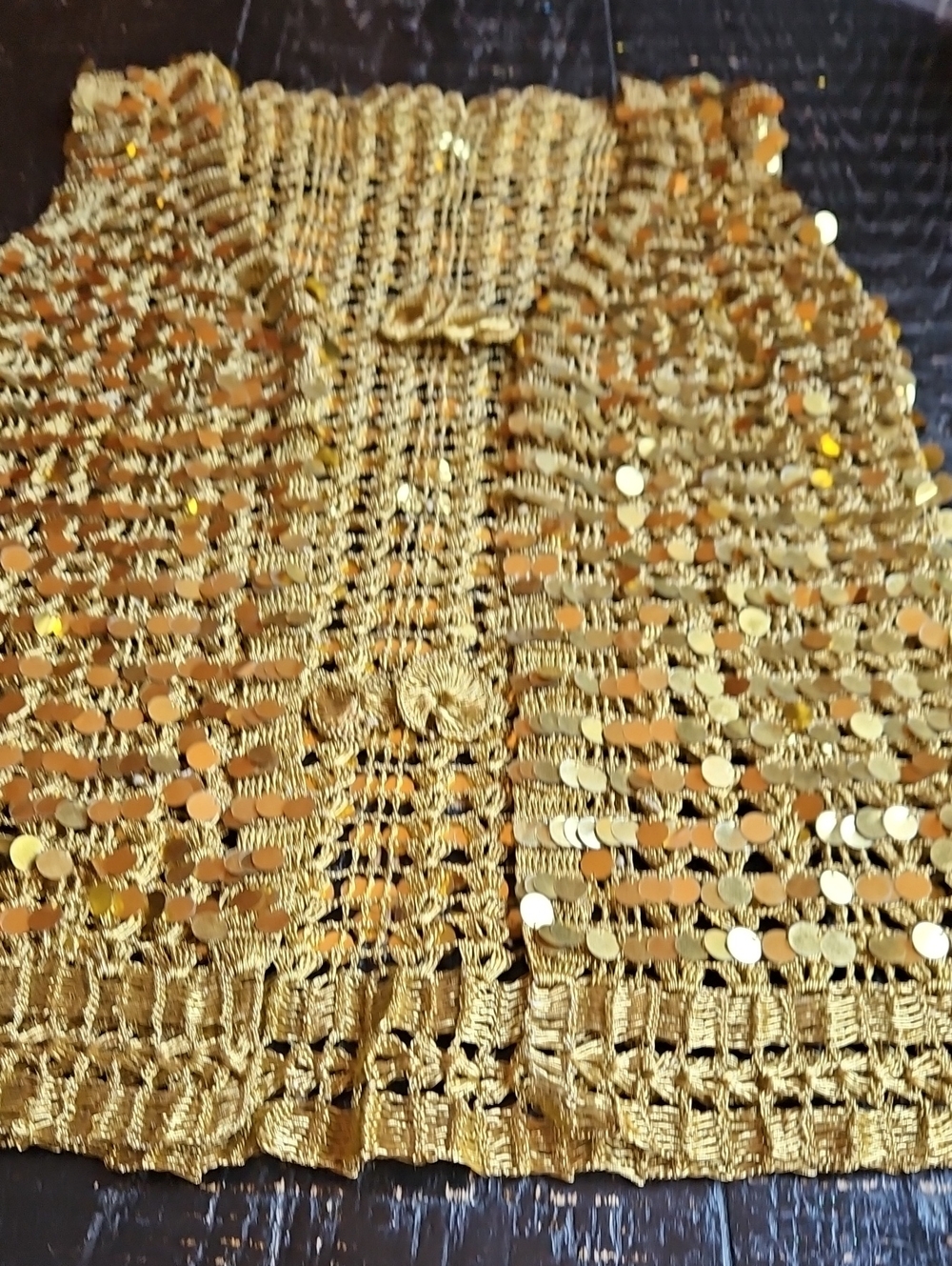 Women's Gold Sequin Crochet Vest - Shimmering Open-Knit Layer